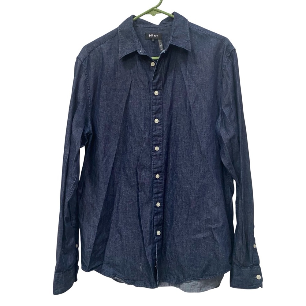 DKNY Indigo Cotton Linen Blend Button Down Shirt mens size Small